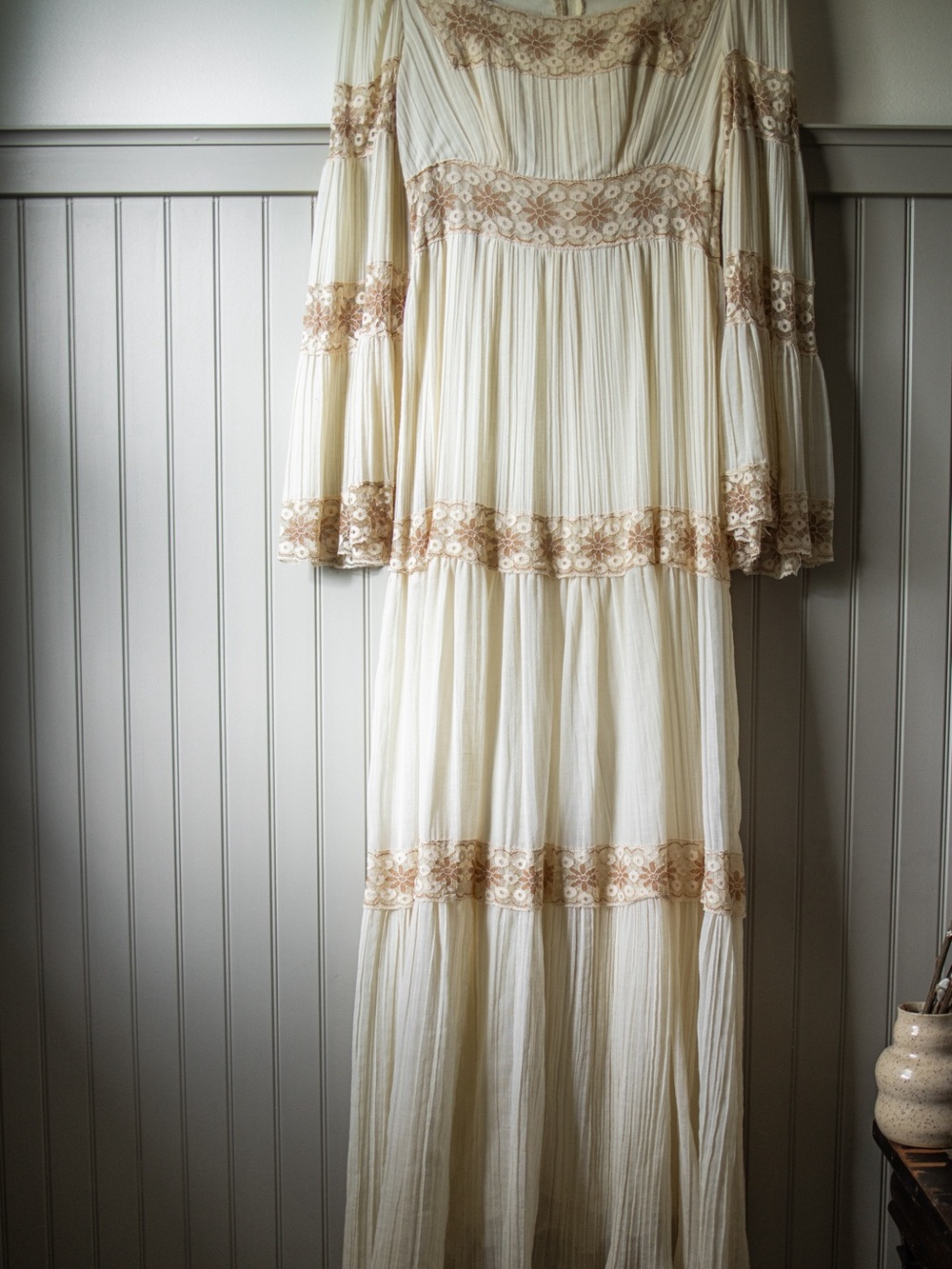 VTG 70s Roberta California Prairie Maxi Dress Ivory Lace Cottagecore Boho - Picture 13 of 16